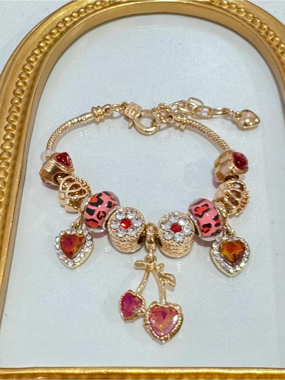 New Gold-Tone Pink Leopard & Cherry Charm Bracelet